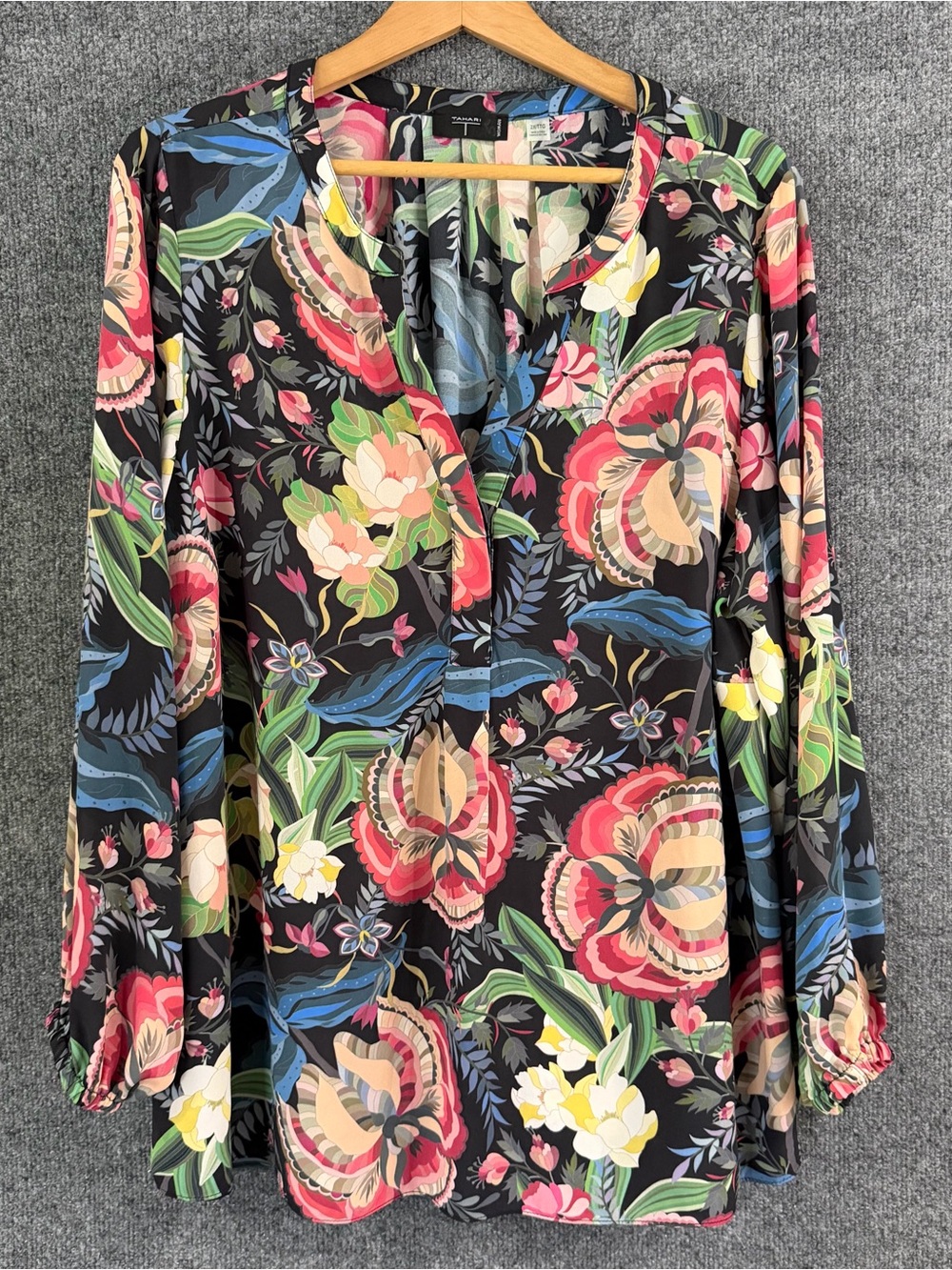 TAHARI Womens 2X Floral Top Multicolor Long Sleeve Office Casual Feminine